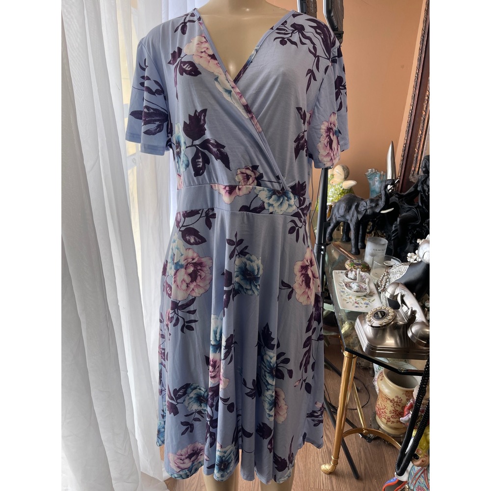 Nemidor Blue Floral Faux Wrap Dress Plus Size 2XL Short Sleeve V-Neck Midi